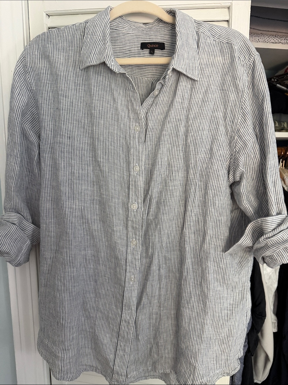 Quince Women’s
Striped Button-Down Shirt in Blue and White